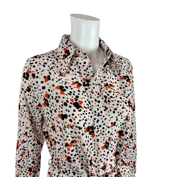 Vintage 70s Spotted Top Women's Medium Orange Brown Border Print Collared Shirt - Picture 4 of 8
